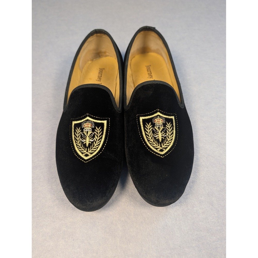 Journey West Velvet Loafers Mens 44 Black Embroidered Crest Smoking Shoes EUC